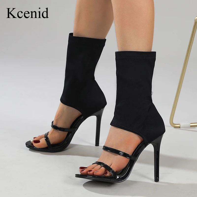 

Женские ботинки Kcenid, трендовые 2023, эластичные ботинки без шнуровки с открытым носком для женщин, пикантные Черные ботильоны на тонком высоком каблуке с вырезами