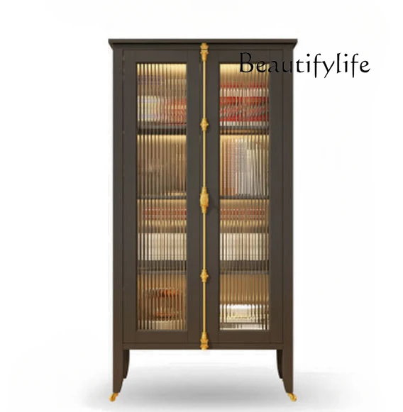 

American-Style Solid Wood Storage Cabinet Living Room Light Luxury Glass Door Bookcase Simple Modern Study Display Cabinet