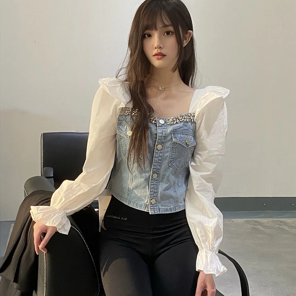 2022 Autumn Blouses Womens New Diamond French Square-neck Shirt Female Denim Patchwork Blouse Ruffle Puff Sleeve Top Blusa Mujer
2022 Autumn Blouses Womens New Diamond French Square-neck Shirt Female Denim Patchwork Blouse Ruffle Puff Sleeve Top Blusa Mujer