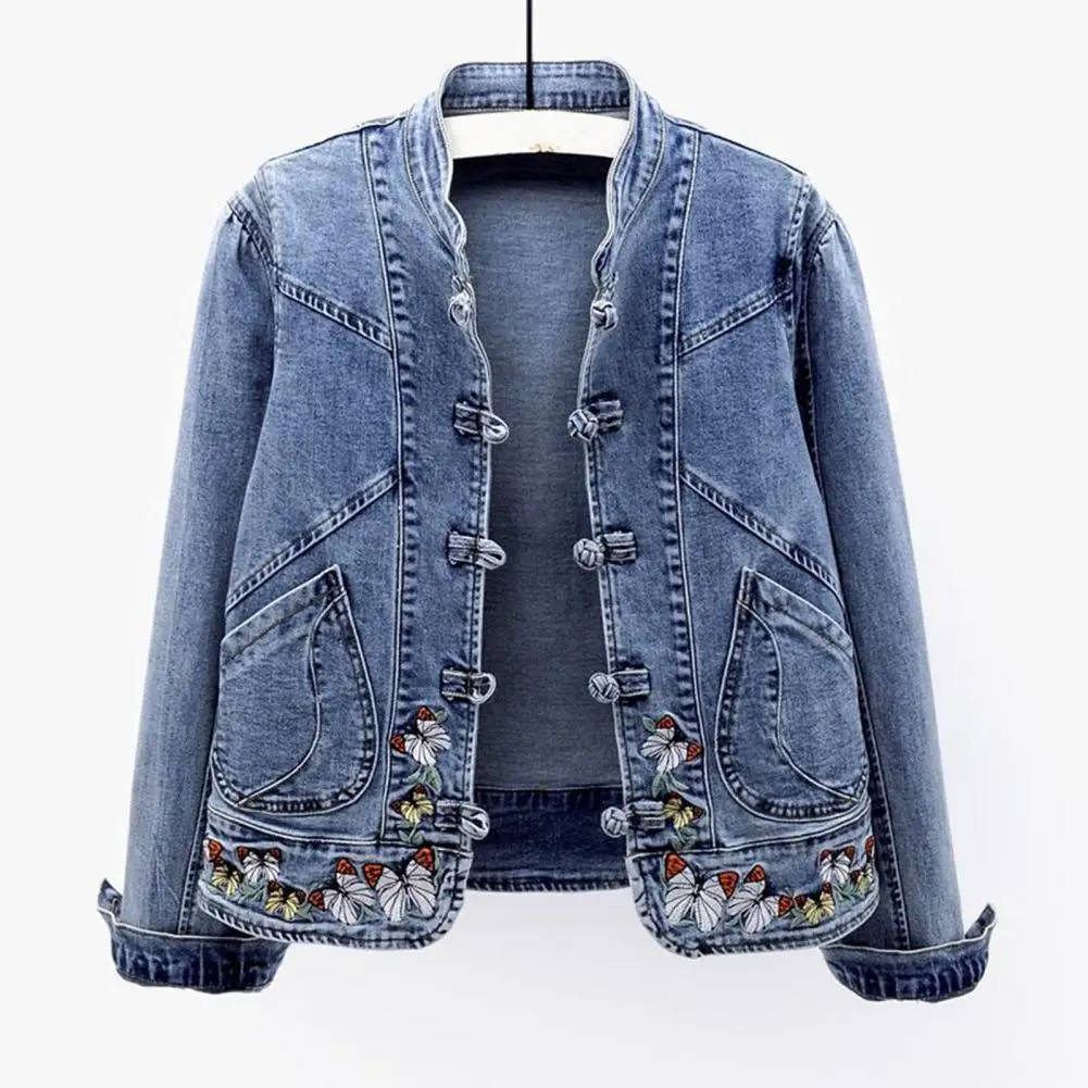 

Women Jacket Butterfly Embroidery Turn-down Collar Chinese Style Lady Denim Coat Vintage Chinoiserie Harajuku Female Clothes