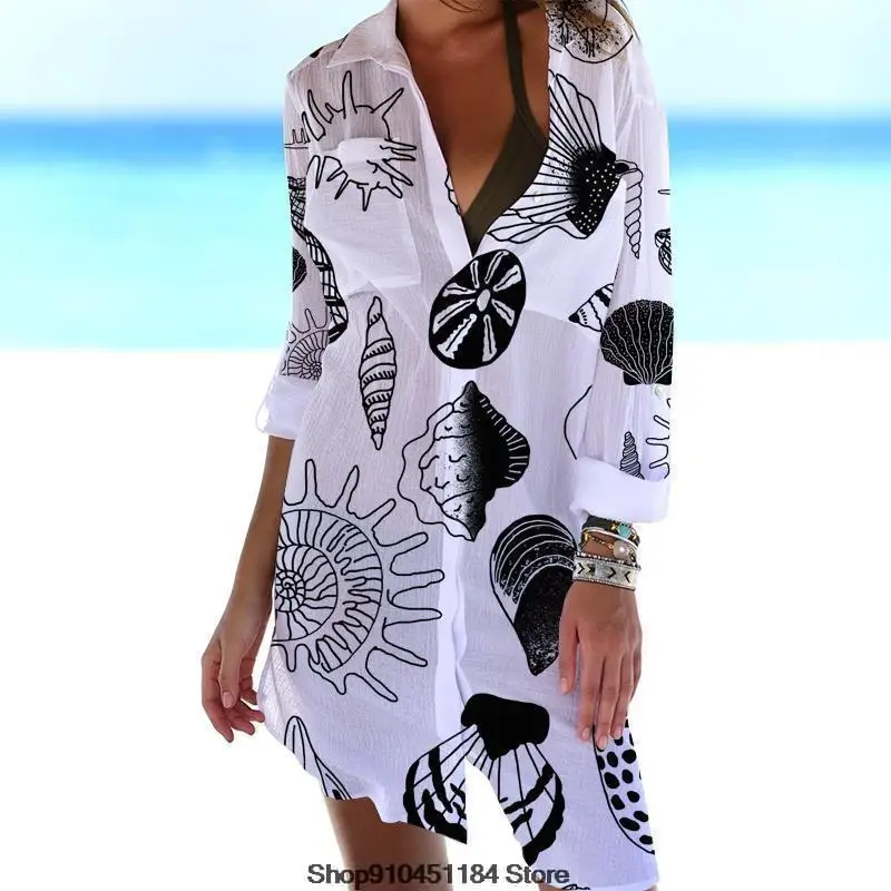 

Women Print Sexy V-neck Long Sleeve Loose Dress Bohemian Beach Party Vestidos Robe Sundress Pretty Summer Sunscreen Shirt