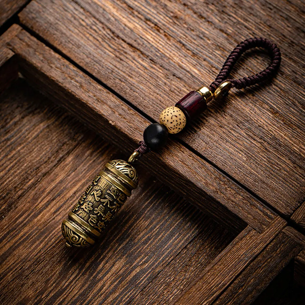 

Vintage Brass Tibetan Chinese Cylindrical Heart Sutra Bottle Rope Keychains Pendants Mantra Car Key Chains Rings Lucky Hangings