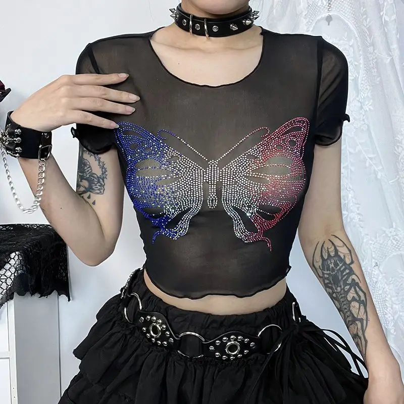

Dark Gothic Butterfly Hot Drilling Mesh See Through Short Sleeve Tops Women Spice Girls Sexy Short T-Shirt Fashion Women's 2024