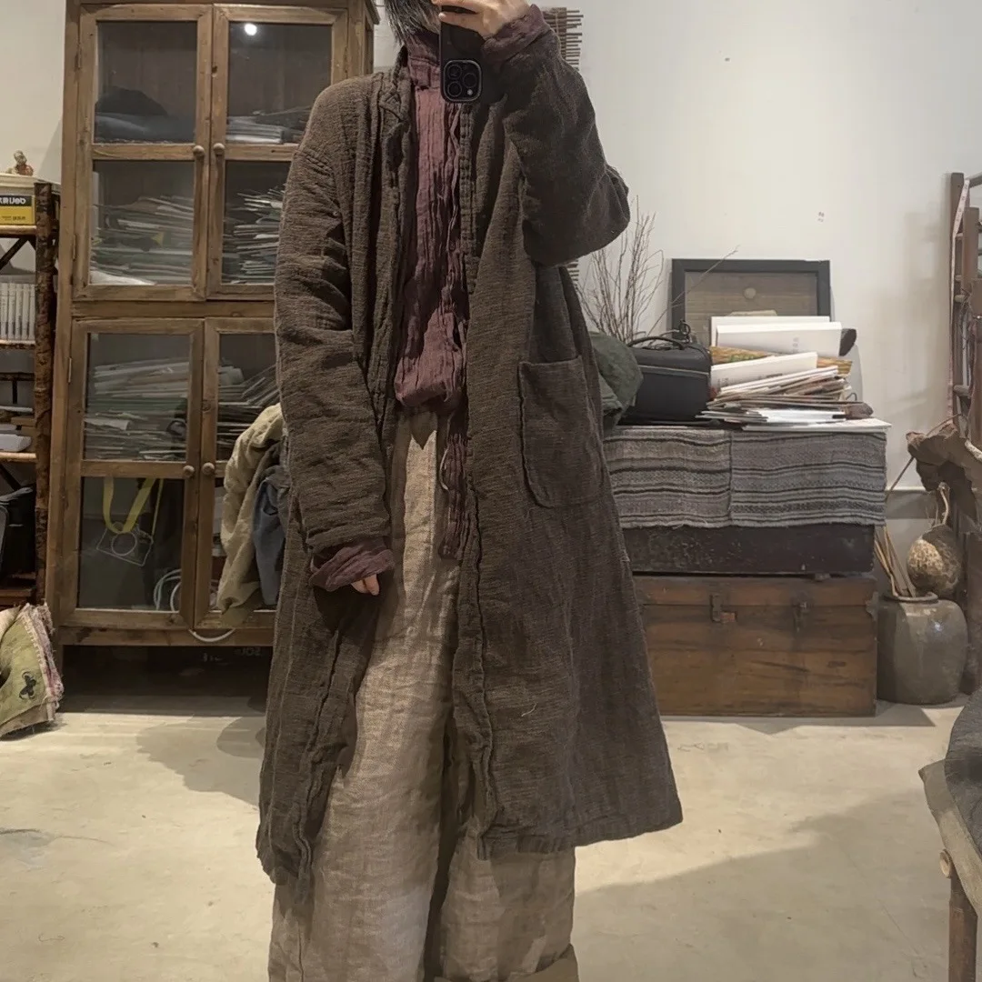 Women Vintage Cotton Linen Trench Turn-down Collar Long Coats Solid Color Loose Original Pockets 2025 New Autumn Spring Trench Women Vintage Cotton Linen Trench Turn-down Collar Long Coats Solid Color Loose Original Pockets 2025 New Autumn Spring Trench