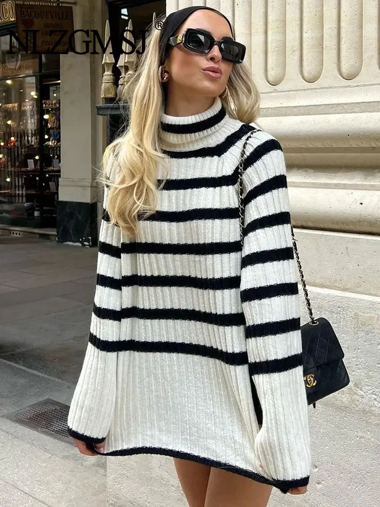 

Nlzgmsj TRAF 2023 Autumn Winter Women Long Sleeves Knit Turtleneck Loose Streets Classics Striped Pullover Sweater Tops