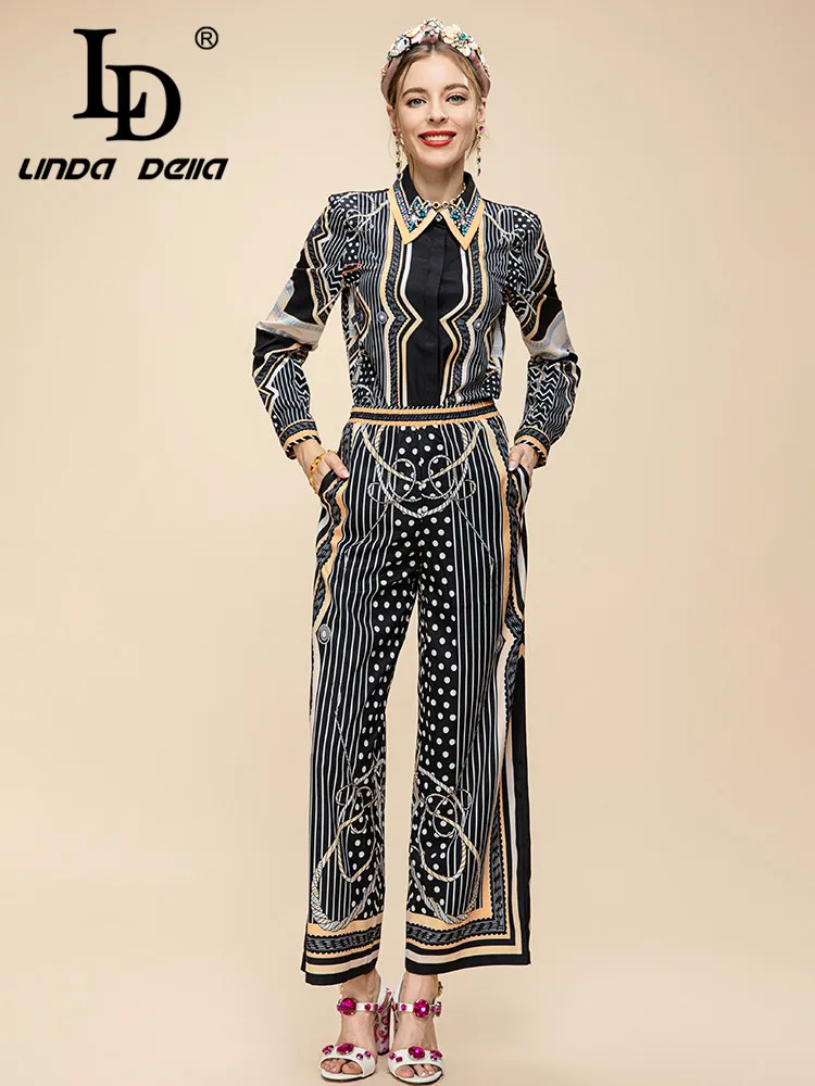 LD LINDA DELLA Fashion Designer Vintage Set Women's Lapel Nail Bead Dot Streak Top +Travel Straight Trouser 2 Pieces Set
LD LINDA DELLA Fashion Designer Vintage Set Women's Lapel Nail Bead Dot Streak Top +Travel Straight Trouser 2 Pieces Set