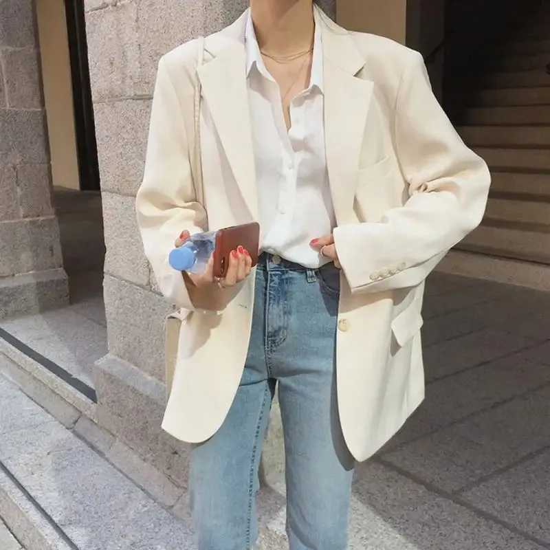 

UNXX Spring Autumn Vintage Casual Single Long Sleeve Blazer Suit Coat Commuting Solid Color Single Breasted Loose Blazers Women