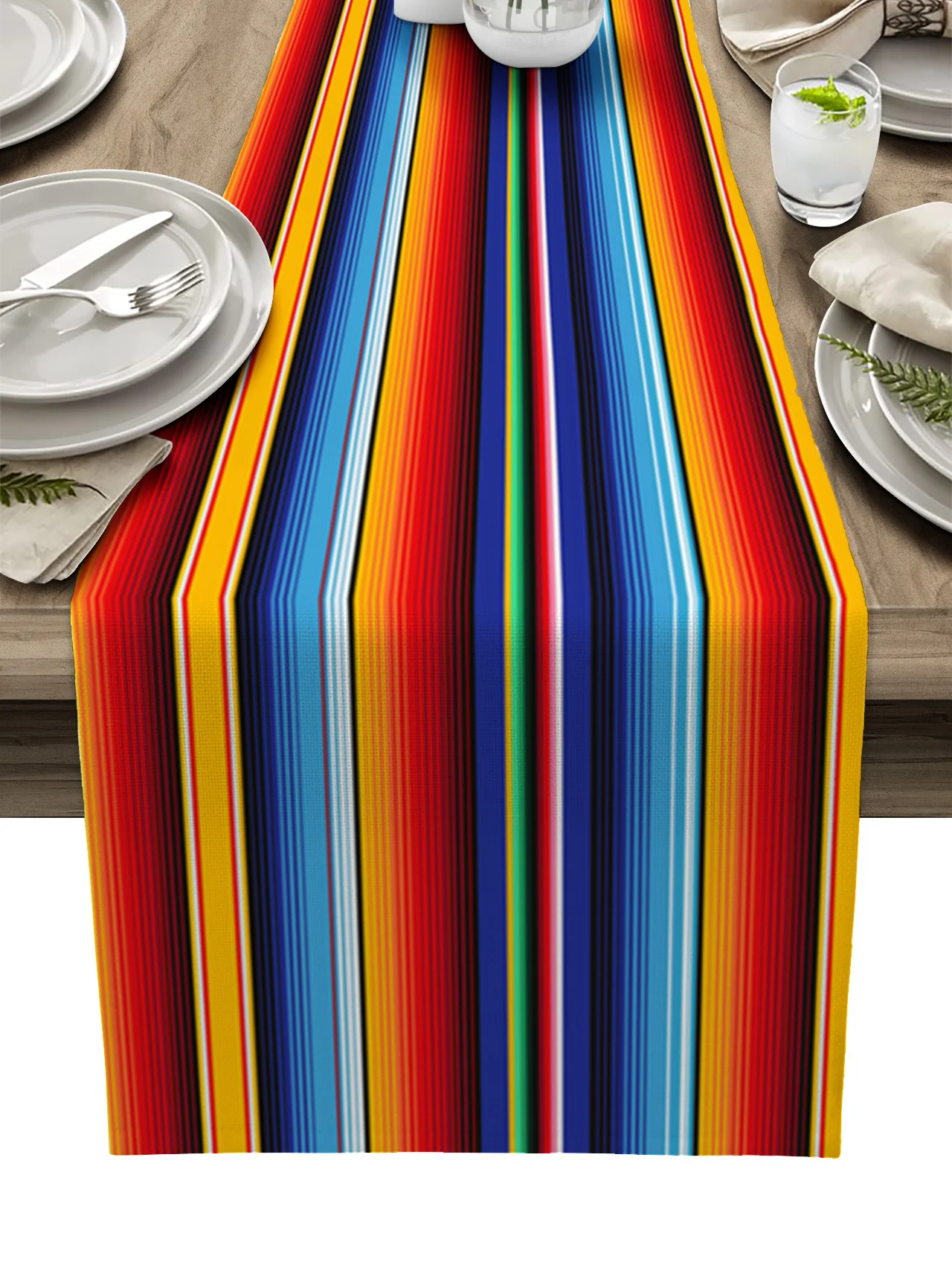 

Красочные мексиканские полосы, льняная настольная дорожка, ранний многоразовый обеденный стол, скатерть, декор для свадебной вечеринки