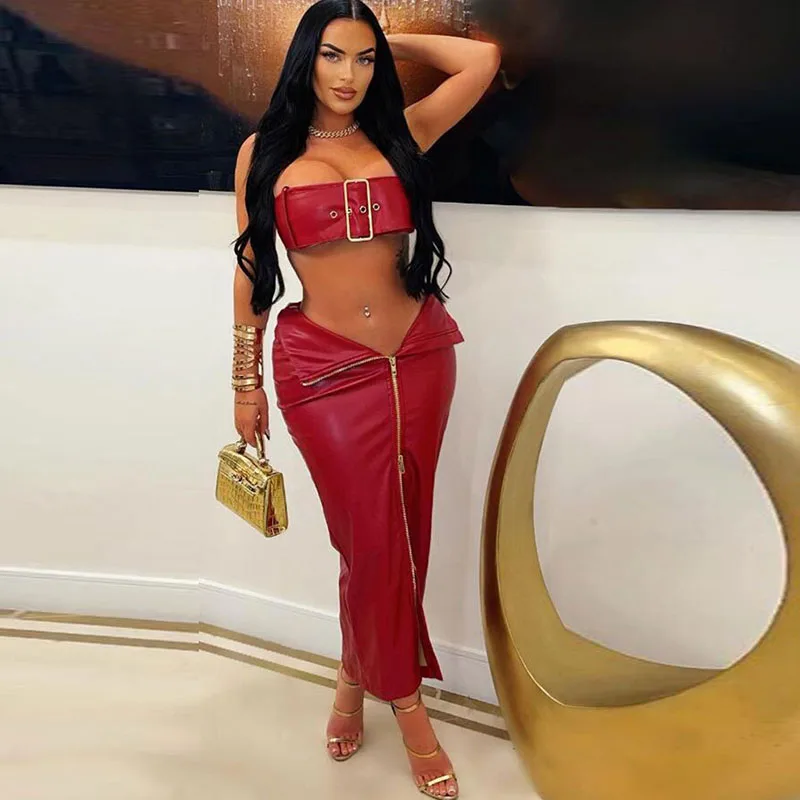 PU Faux Leather Night Club Festival Outfit Women Two Piece Set Metal Button Strapless Crop Top and Double Zipper Long Skirt Sets
PU Faux Leather Night Club Festival Outfit Women Two Piece Set Metal Button Strapless Crop Top and Double Zipper Long Skirt Sets