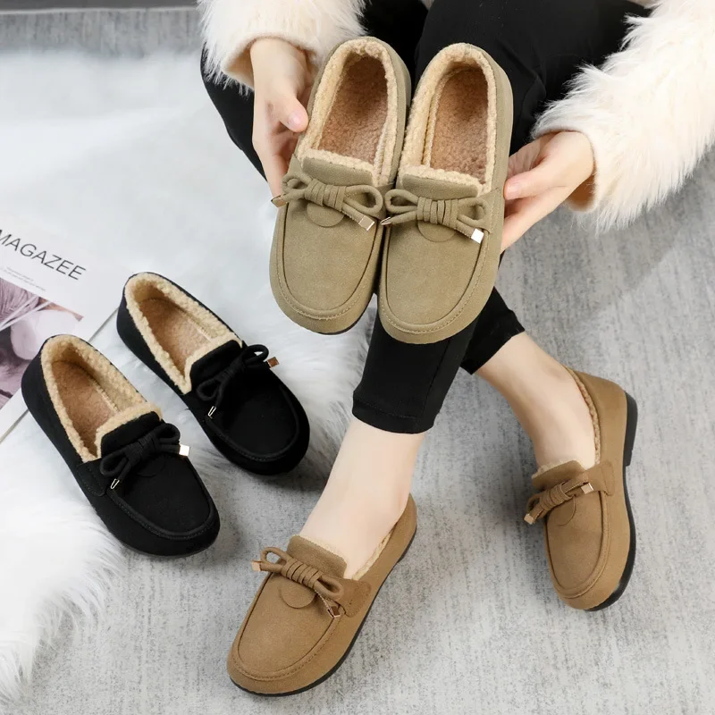 

Winter Women Fur Warm Flats Fashion Shallow Slip on Ladies Shoes Autumn Women's Casual Loafers Black Khaki Sapatos Femininos