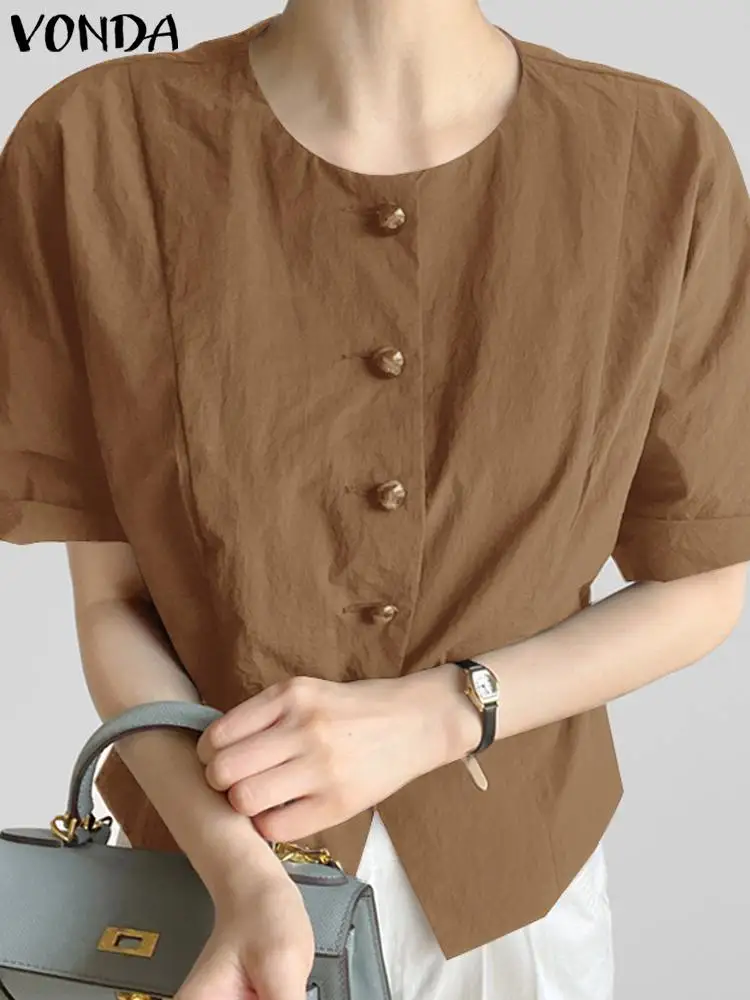 

VONDA Summer Women Blouses Vintage 2024 Short Sleeve Solid Color OL Work Office Shirt Oversize Button O-Neck Blusas Casual Tunic