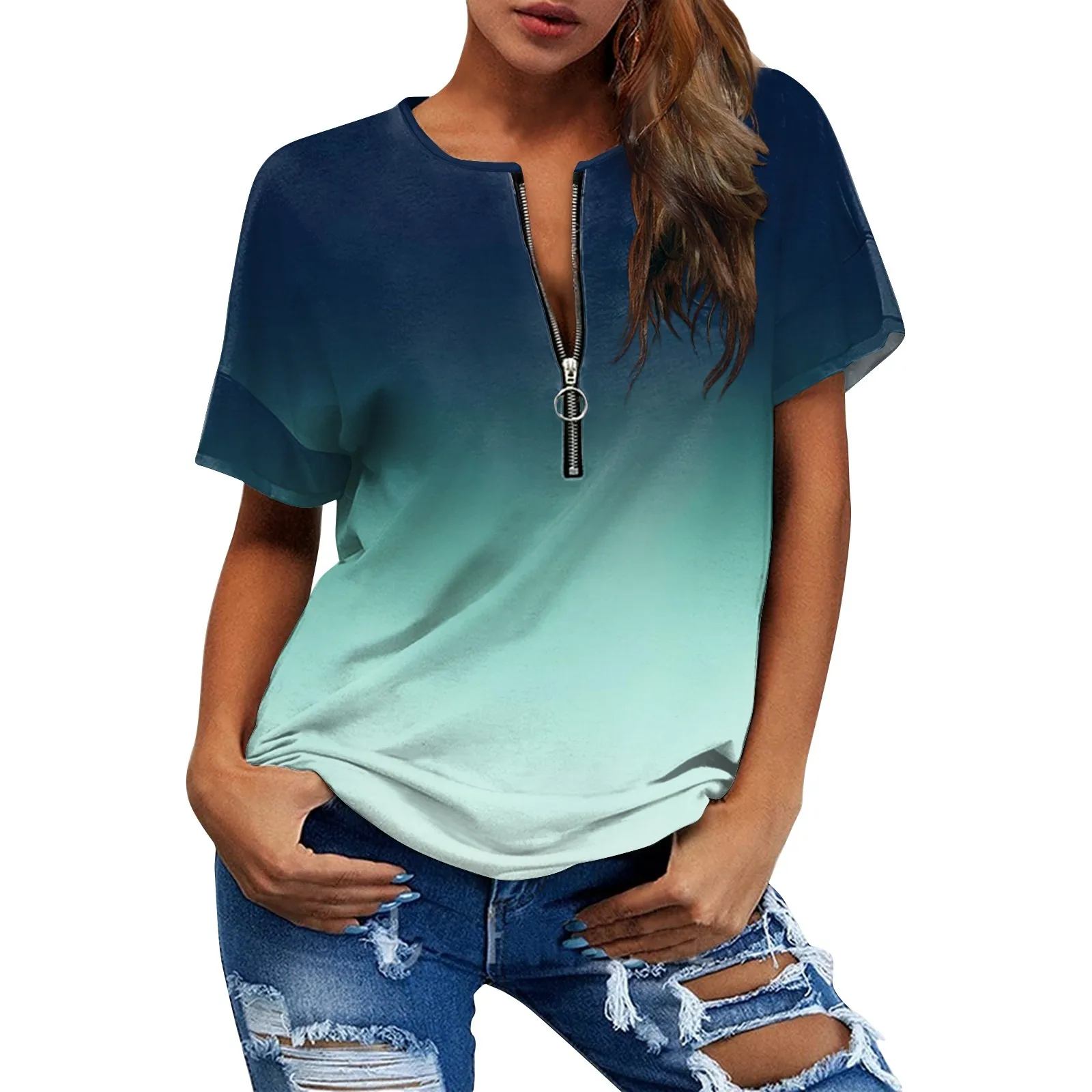 Women'S Short Sleeve T-Shirt Casual Fashion Gradient Color Round Neck Zipper Pullover Tops Loose Daily All-Match Tops 2024 New
Women'S Short Sleeve T-Shirt Casual Fashion Gradient Color Round Neck Zipper Pullover Tops Loose Daily All-Match Tops 2024 New