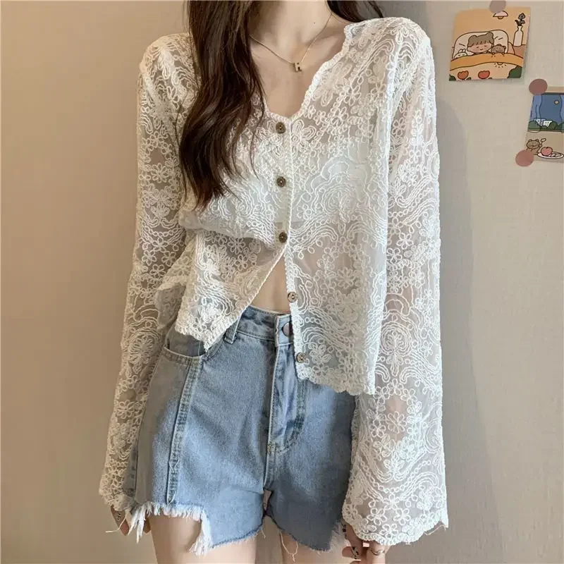 

Thin Sunscreen Cardigan Lace Up Knitwear Tops Women Coat Wraps Short Korean Sexy Summer Sun Protected Shawls Style Coat Casual