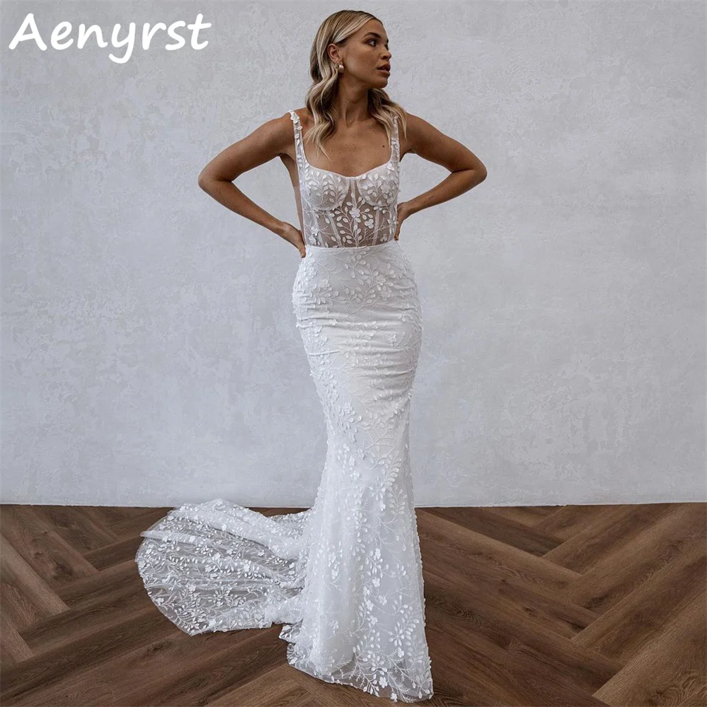 

Aenyrst Elegant Spaghetti Strap Mermaid Wedding Dresses Appliques Lace Backless Court Train Bridal Gowns For Women Custom Made