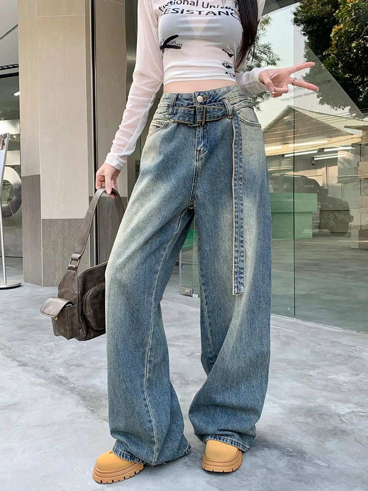 

Benuynffy Y2k Streetwear Belted Wide Leg Jeans Women American Vintage Do old High Waist Loose Washed Straight-leg Denim Pants