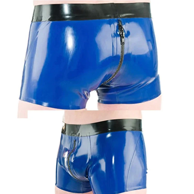 

Latex Boxer Rubber Tight Shorts Fetish Men Underwear Briefs Panties Blue with Black with Front Crotch Zip Through Back Handmade