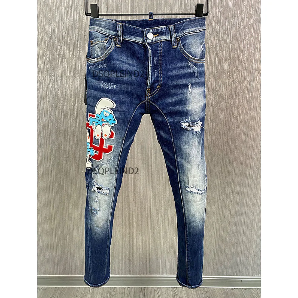 

New Jeans for Man Biker Denim Pants Moto Spliced Paint Spot Slim Slender Cotton Smurfs Badge Zipper Hole Party Clothes Size44-54