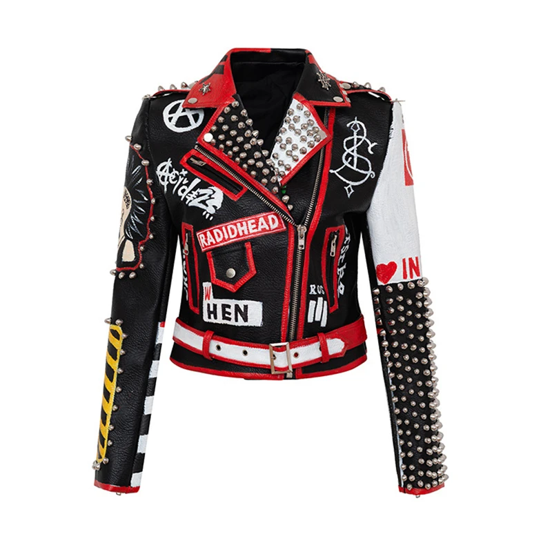 Women Zipper Lapel PU Leather Motorcycle Jacket Streetwear Harajuku Slim Rivet Black Print Coat Clothes
Women Zipper Lapel PU Leather Motorcycle Jacket Streetwear Harajuku Slim Rivet Black Print Coat Clothes