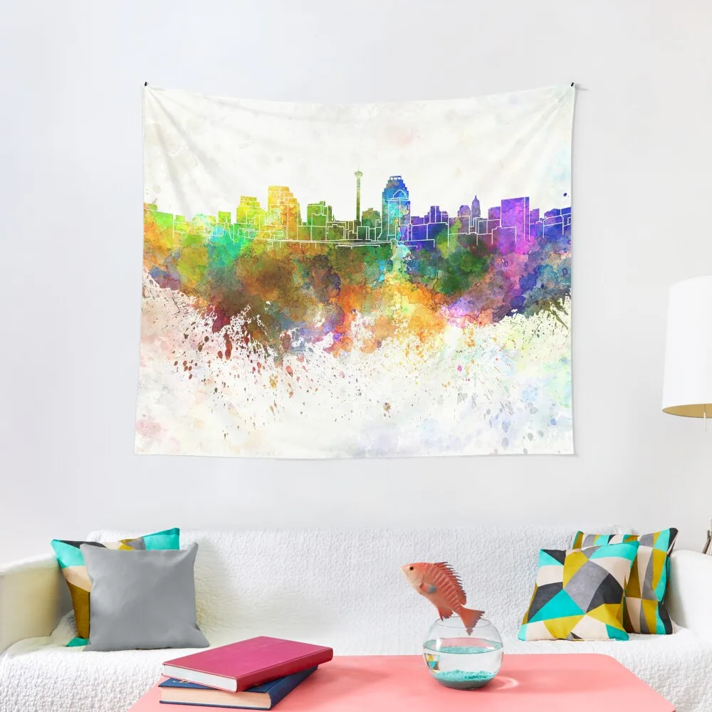 

San Antonio skyline in watercolor background Tapestry House Decoration Aesthetic Decoration Japanese Room Decor