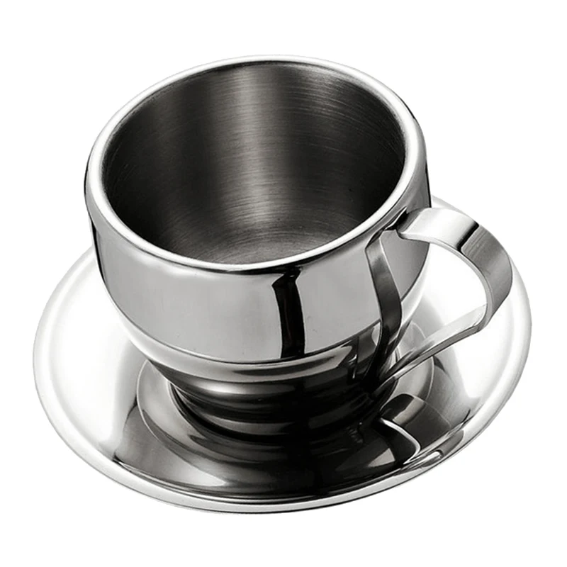 

Кофейная чашка из нержавеющей стали, кофейные кружки и аксессуары с ложкой и блюдцем, подарок для любителей кофе и чая