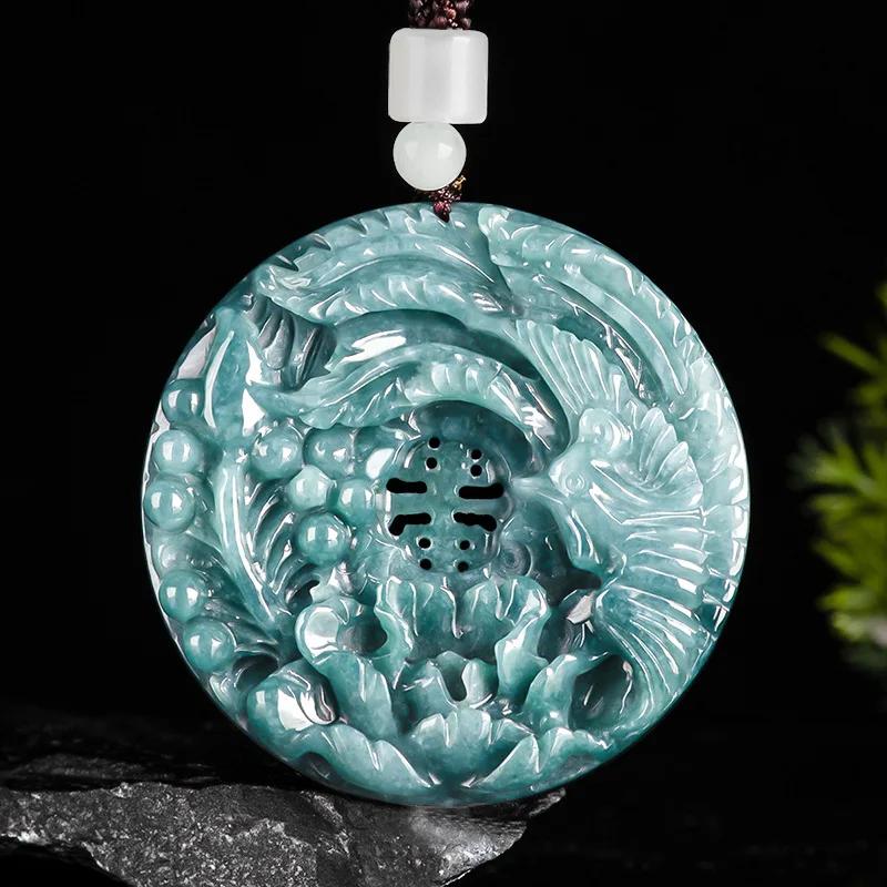 

Jia Le/ Hand-carved/ Natural Jade Blue Water Ice Hollow Phoenix Peony Brand Necklace Pendant Men Women Couples High Quality Gift