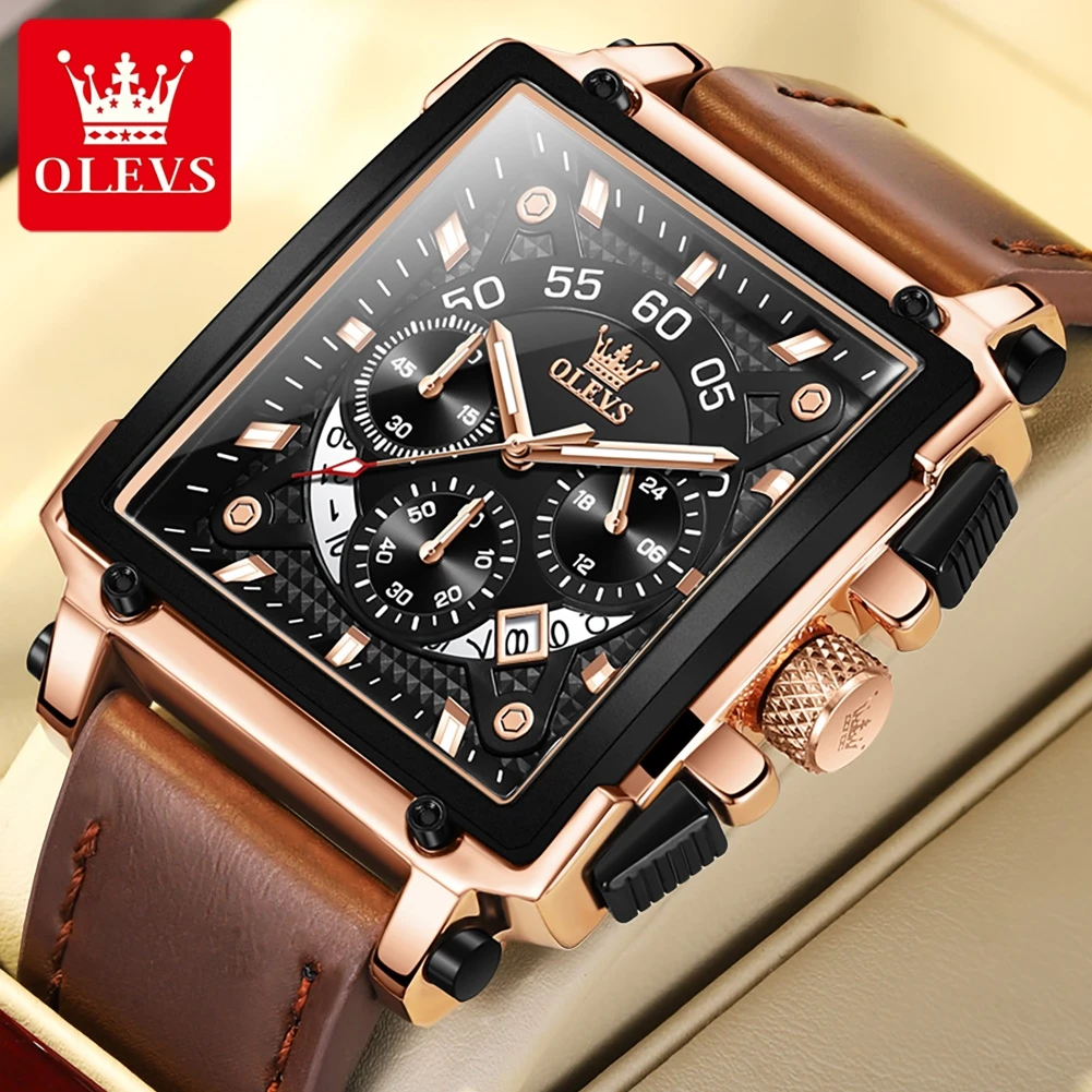 

OLEVS Square Quartz Watch for Men Brown Leather Strap Men's Watch Waterproof Luminous Date Chronograph Business Wristwatch Reloj