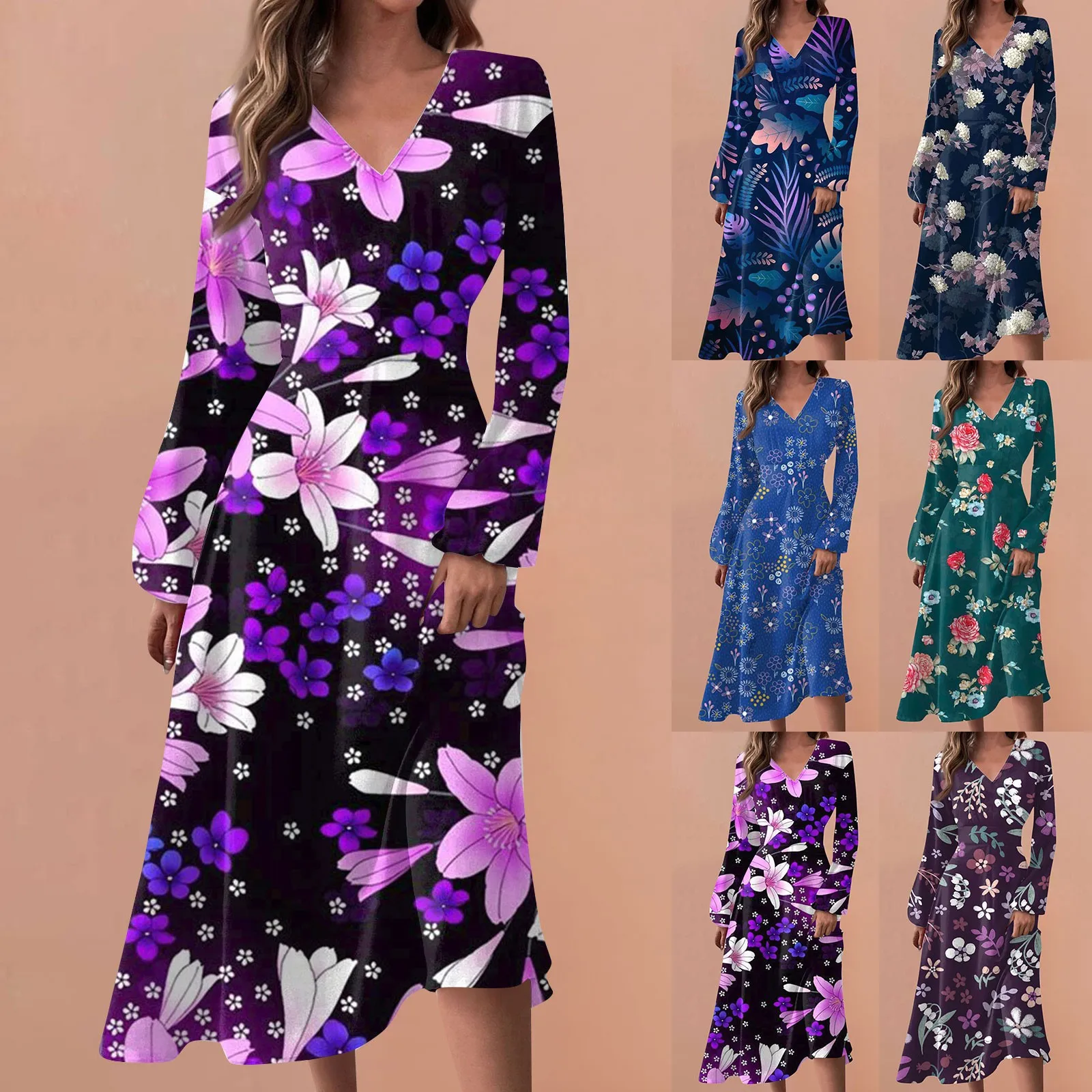 

Женское весенне-осеннее повседневное Модное Длинное Платье с V-образным вырезом и длинным рукавом с цветочным принтом элегантные и красивые женские платья