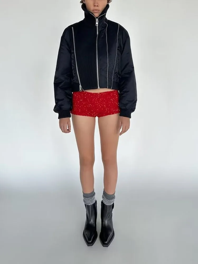 

Autumn new women's zippered stand-up collar spliced bomber jacket cotton coat