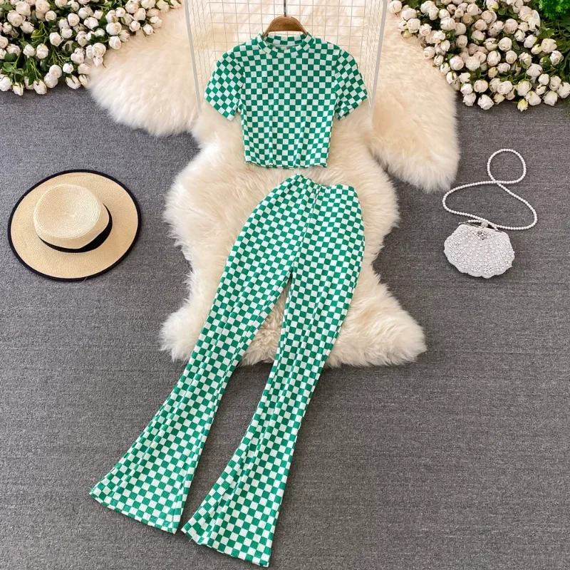 Stand Neck Short Sleeve Contrast Color Plaid Top Suit+high Waist Slim Flare Pants Outfits Summer Fashion Set Chic Women 2 Pieces
Stand Neck Short Sleeve Contrast Color Plaid Top Suit+high Waist Slim Flare Pants Outfits Summer Fashion Set Chic Women 2 Pieces
