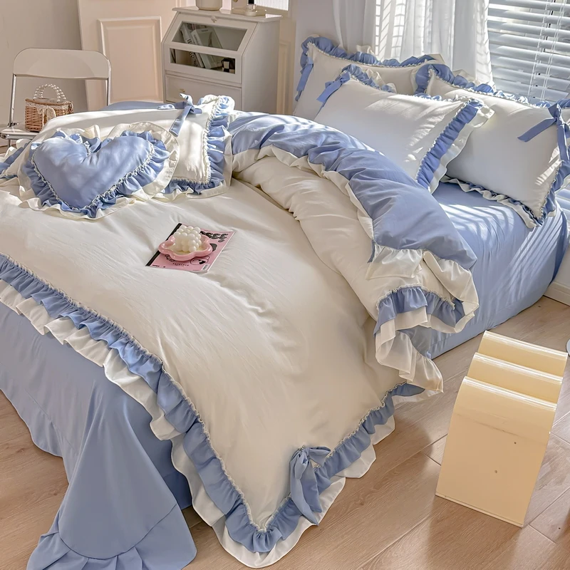 Washed Cotton Bedding Set roupa de cama Lace Ruffles Bedsheet Set with Pillowcase for Girls White and Blue Bedclothes Queen Size
Washed Cotton Bedding Set roupa de cama Lace Ruffles Bedsheet Set with Pillowcase for Girls White and Blue Bedclothes Queen Size