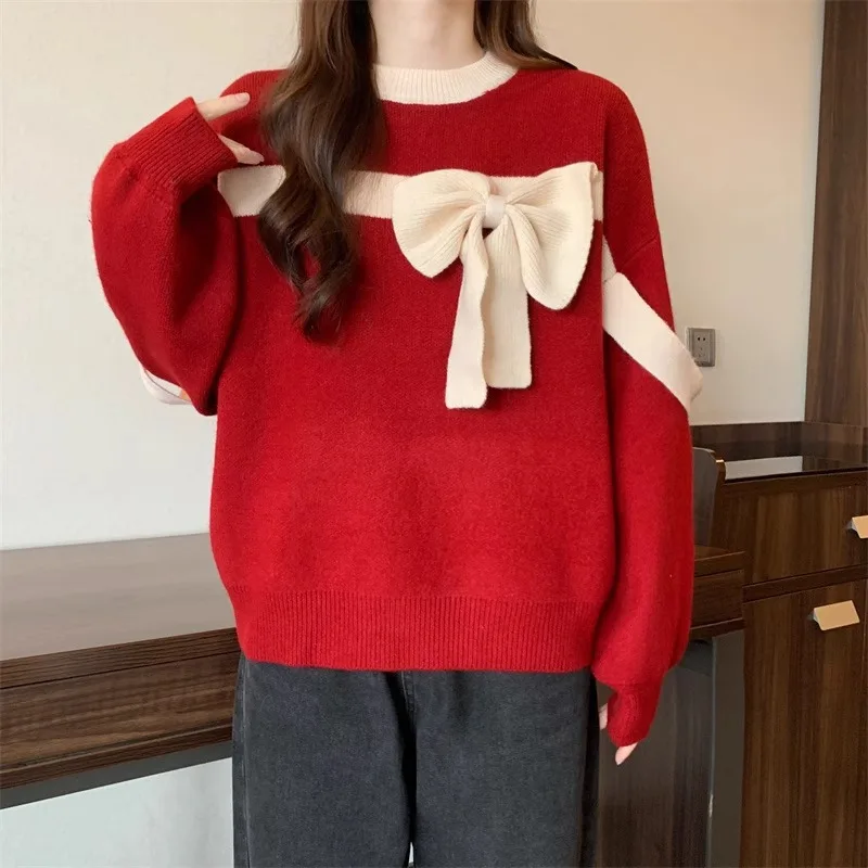 2023 New Autumn Winter Unique and Unique Bow Sweater Women's Red Loose Lazy Knitted Top Women's Christmas and New Year Clothes
2023 New Autumn Winter Unique and Unique Bow Sweater Women's Red Loose Lazy Knitted Top Women's Christmas and New Year Clothes