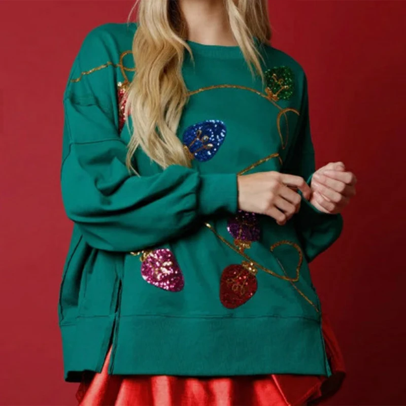 Women Clothing Christmas O Neck Long Sleeved Pullover Autumn Casual Loose Sequin Print Sweatshirt Fashion High Street Hoodie Top
Women Clothing Christmas O Neck Long Sleeved Pullover Autumn Casual Loose Sequin Print Sweatshirt Fashion High Street Hoodie Top