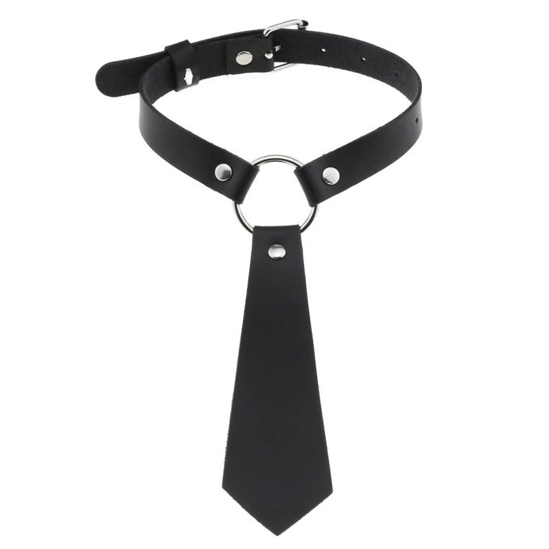 

Women Gothic Imitation Leather Black Neck Tie Punk O-Ring Studs Choker Necklace