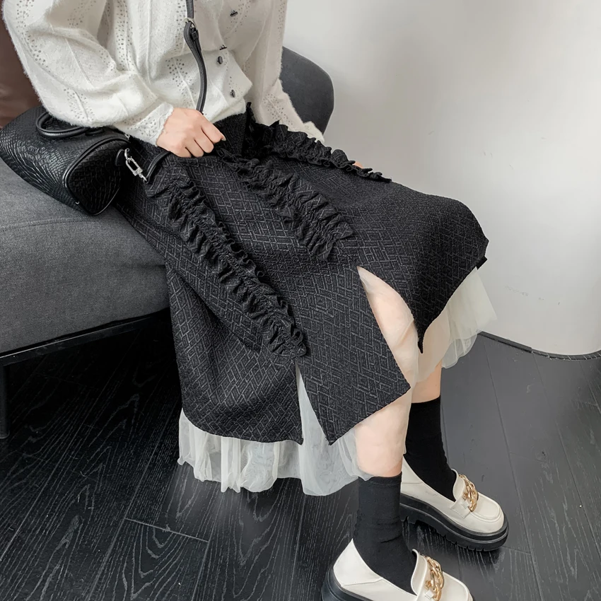 

Autumn Winter Dark Grain Lattice Tall Waist Female Long Skirts Mesh Patchwork Ruffles Split Women's Long Loose A-line Skirts