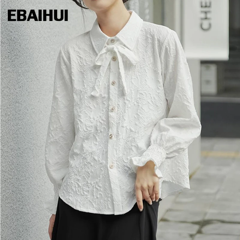 

EBAIHUI Ladies White Shirt Turn-Down Collar Bowtie Retro Blouse Loose Long-sleeved Design Top Flare Sleeve Shirts Chemise Femme