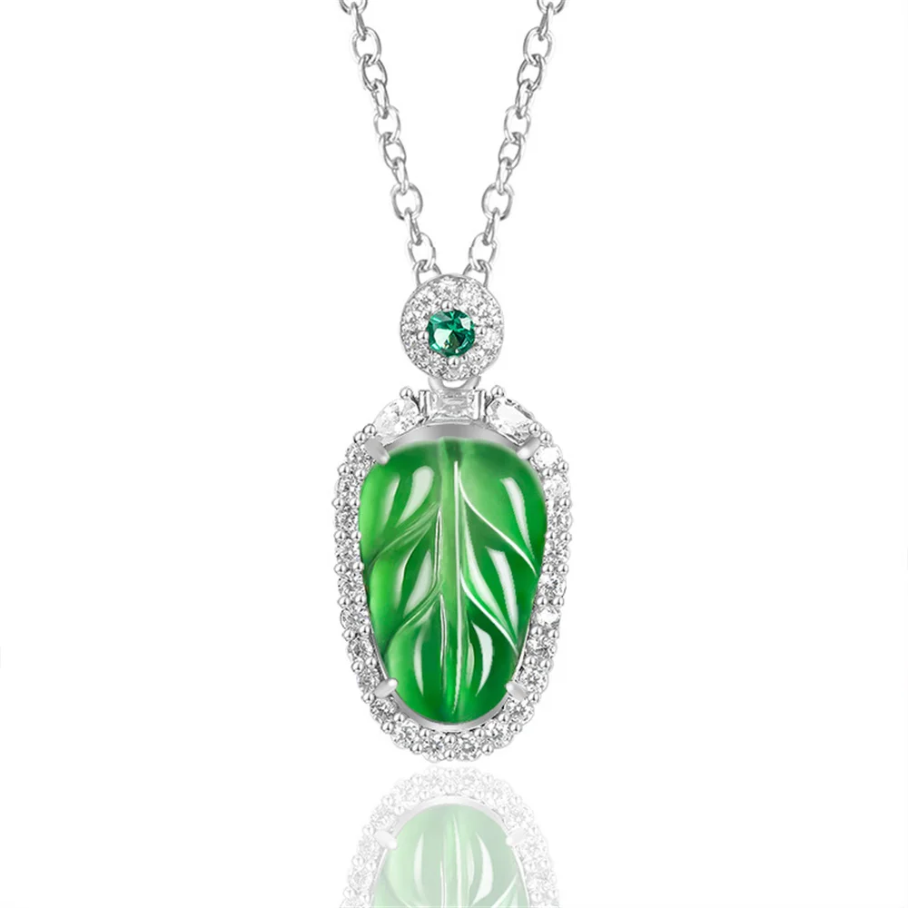 

925 Silver Natural Green Jadeite Carved Gem Tree Leaf Lucky Pendant S925 Amulet Necklace Certificate Luxury Jade Vintage Jewelry