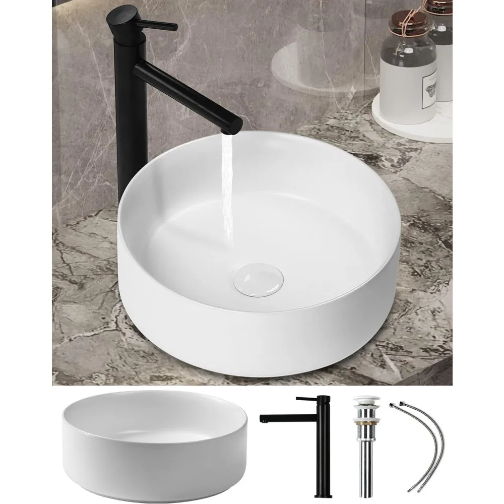 

Bathroom Vessel Sink Set Ceramic Vessel Sink Basin With Faucet Pop Up Drain Modern Round Above Counter Vanity Bowl Matte White