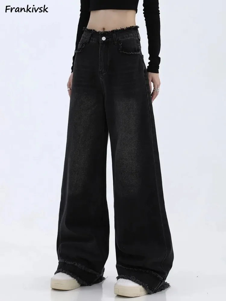 

Jeans Women Raw Edge Baggy Wide Leg Trousers Mujer High Street Hipster Ulzzang Denim Fashion Vintage Washed Full Length College