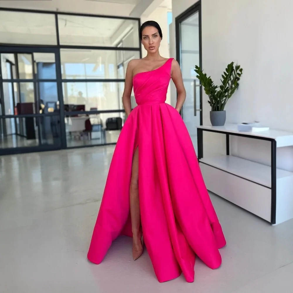 

One Shoulder Satin Pleated Evening Dress for Women with Porkets A-line Side Slit Court Backless Evening Gown robes de soirée