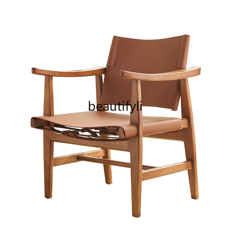 

Скандинавский Одноместный стул из массива дерева, дизайнерское домашнее седло, кожаная спинка, кресло для отдыха, роскошный кожаный подлокотник, обеденный стул