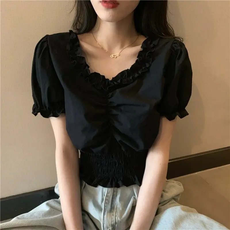 

Elegant White Ruffles V Neck Cropped Top Casual Short Sleeve V NEck Ruched Slim Blouse Women Summer Simple All match Shirt