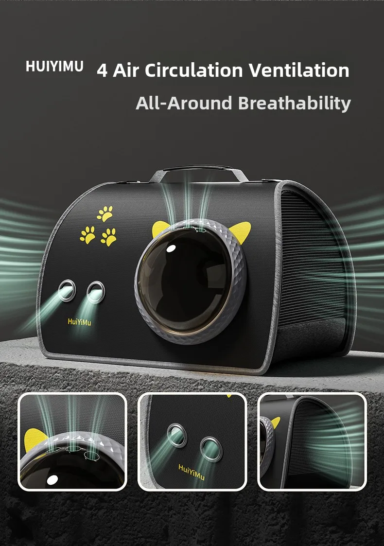 Cat Carrier Bag | Portable Space Capsule Pet Carrier Infographic showing 4-way air circulation and all-around breathability with multiple ventilation holes on the front and mesh sides of the carrier.