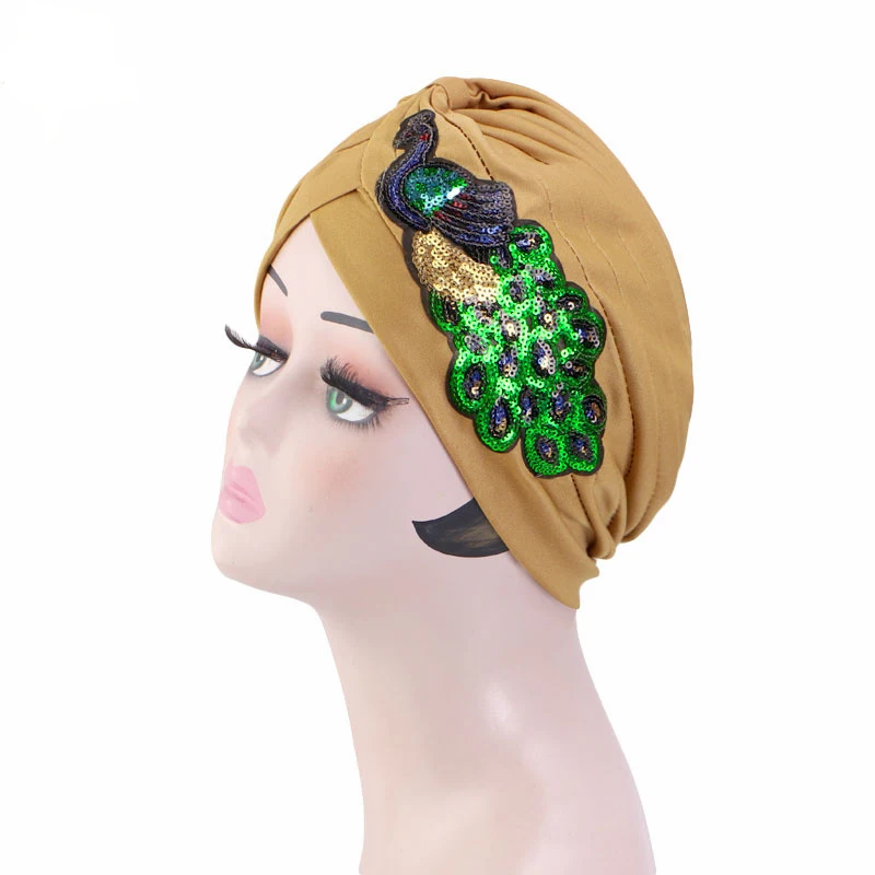 

Indian Women Muslim Hijab Peacock Sequin Chemo Cap Strech Underscarf Bonnet Pleated Hair Loss Hat Turban Beanies Headwrap Scarf