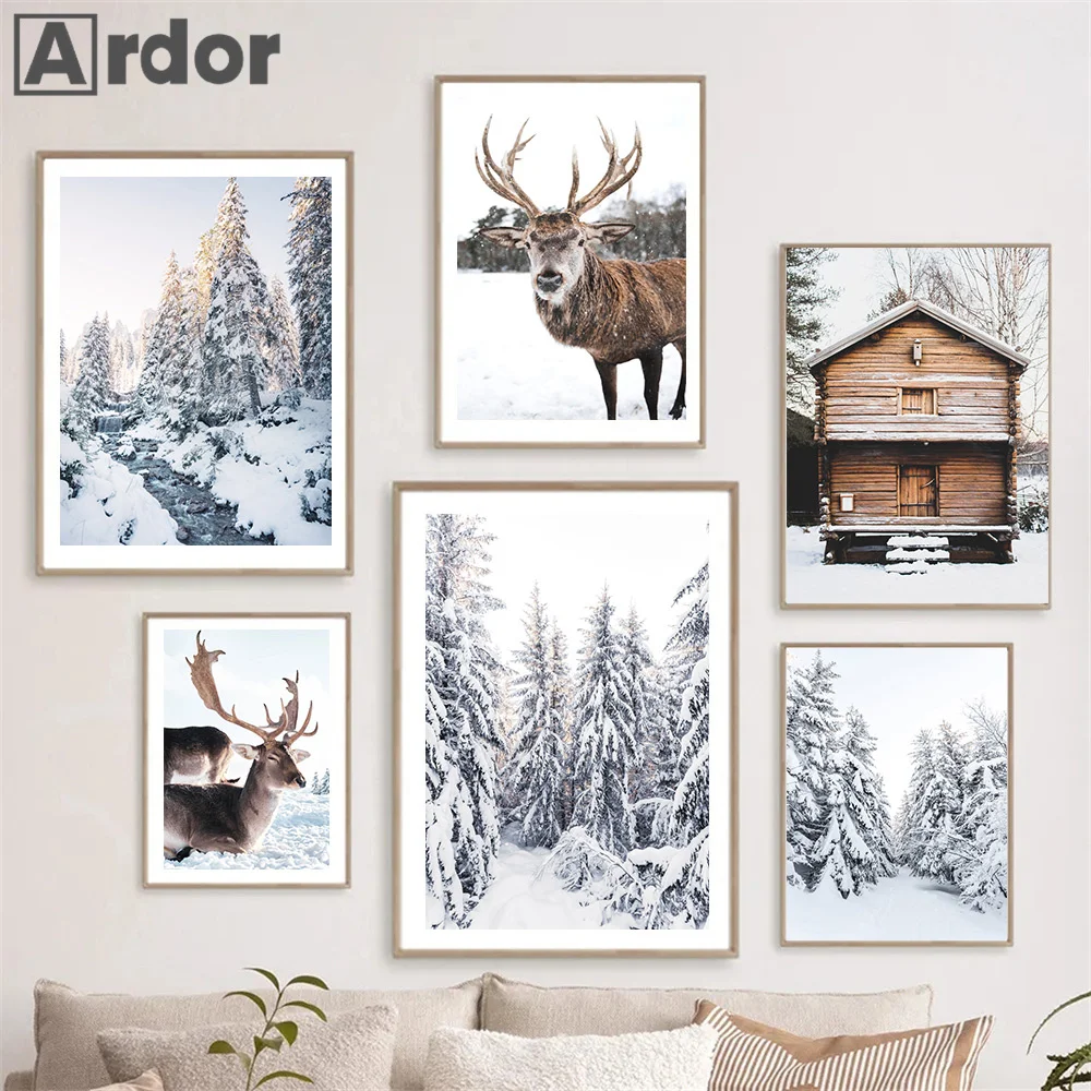 

Sunlight Forest Deer Cabin Nordic Posters Winter Snow Landscape Canvas Painting Wall Art Prints Pictures Living Room Home Decor