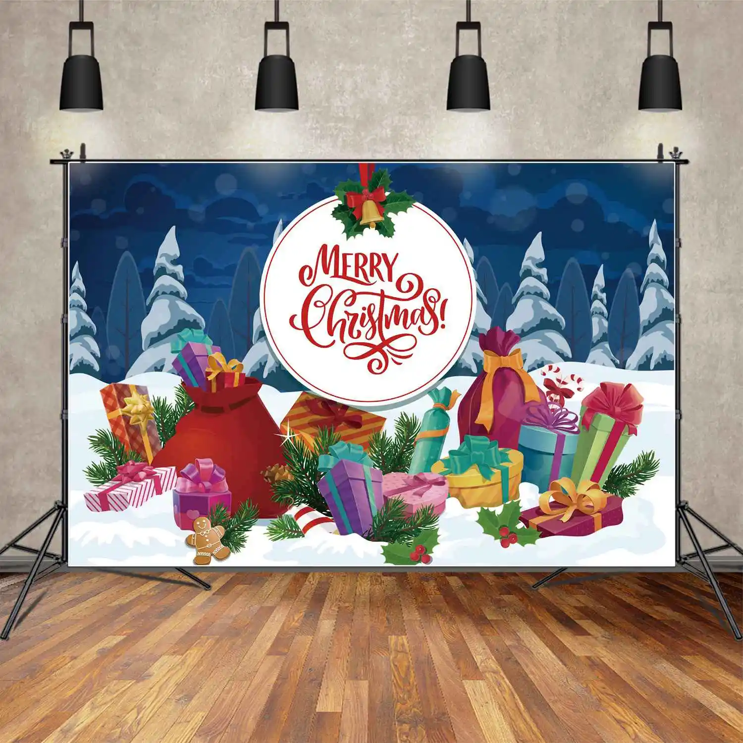 

Фон MOON.QG с надписью "Merry Christmas", круглый детский подарок, фотографический баннер, голубой лес, снег, печенье, сосна, Декор, фотобудка