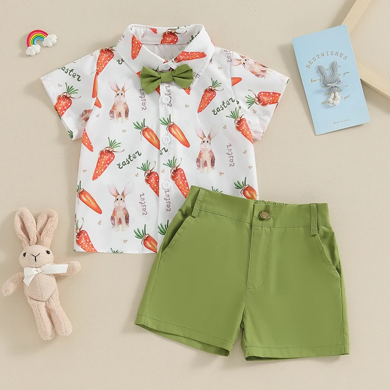 

Honganda 2Pcs Toddler Baby Boy Easter Outfit Short Sleeve Carrot Bunny Print Shirt Top with Bowtie Elastic Waist Shorts Set