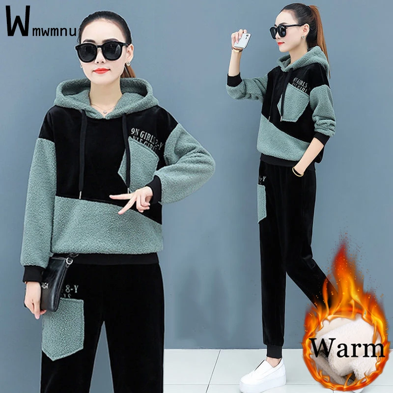 Lambwool Sweatshirt Two Piece Sets Winter Add Velvet Thicken Spliced Chic Pullover Tops and Ankle-Length Straight Pant Tracksuit
Lambwool Sweatshirt Two Piece Sets Winter Add Velvet Thicken Spliced Chic Pullover Tops and Ankle-Length Straight Pant Tracksuit