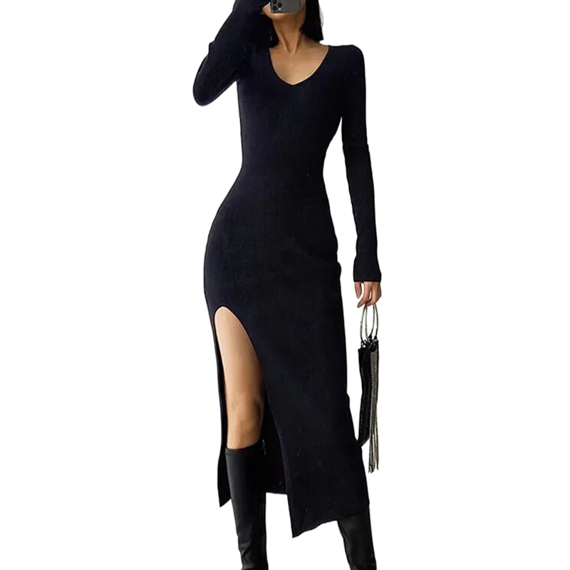 

Women's Sexy French Slit Sweater Dress Female Slim Tight-fitting Hip-knit Over-the-knee Dresses