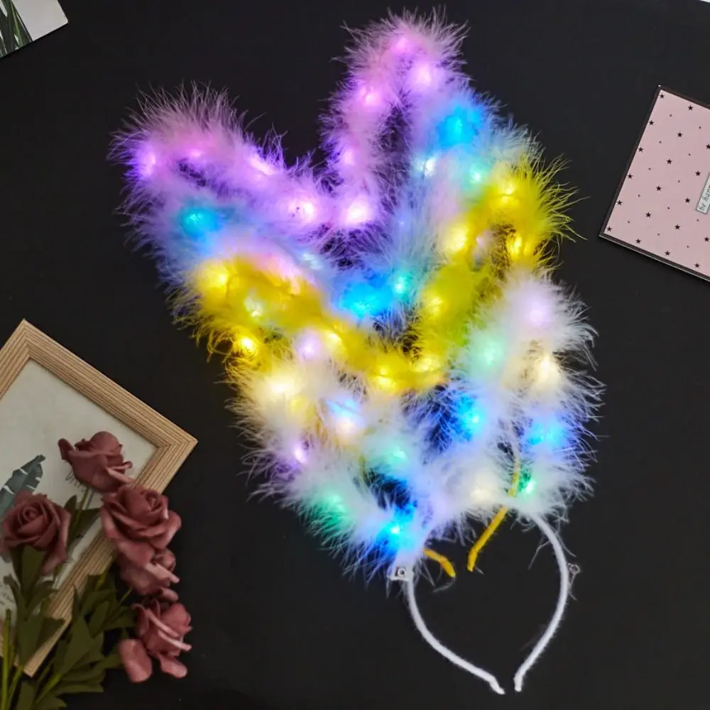 

LED Feather Rabbit Ear Headband Luminous Headdress Bunny Ears Hairband Hair Hoop for Women Christmas New Year Party