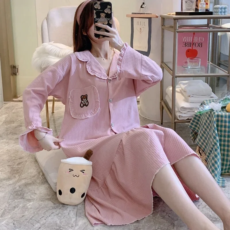 

2024 New Nightgown Women Spring Autumn Summer Loungewear Cotton Plus Size Flounce Pajama Student Long Pregnant Loose Sleepshirts